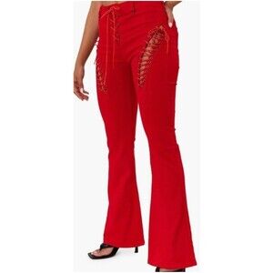 Edikted Engine Red Lace-Up High Waist Flare Jeans y2k Festival